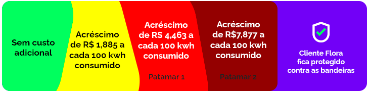 Explicação sobre os aumentos na conta de luz das bandeiras amarela (aumento de R$ 1,8 a cada 100kwh consumido), vermelha 1 (aumento de R$ 4,4 a cada 100kwh consumido), e vermelha 2 (aumento de R$ 7,8 a cada 100kwh consumido).
Mas clientes Flora fica protegido!